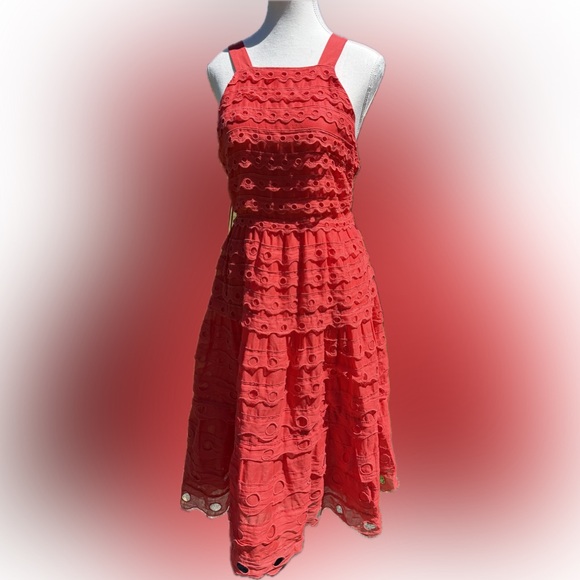 NWT Anthropologie Maeve Eyelet Halter Midi Dress Sz 6P
reddish-orange (coral) - Picture 2 of 15